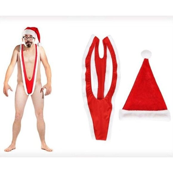 Mens Borat Style Christmas Santakini W/ Hat Red & White Santa Novelty Costume - Picture 4 of 5